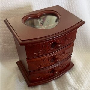 Vintage 2001 Secret Treasures Wooden Jewelry Box w Etched glass heart window